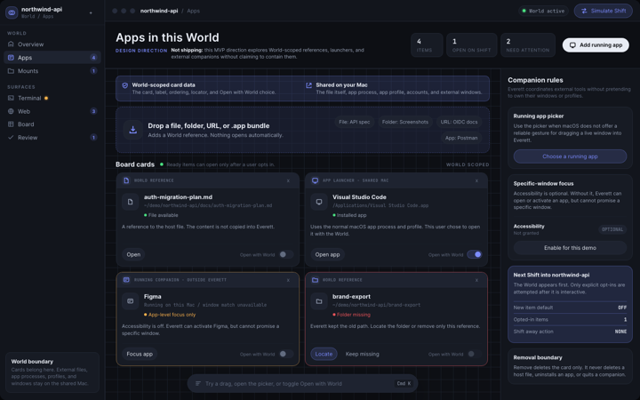 World Apps design direction showing references, app launchers, and external running companions.